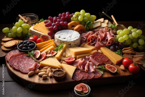 Elegant charcuterie board featuring an assortment of premium cheeses, cured meats, and artisanal crackers, a luxurious and shareable spread