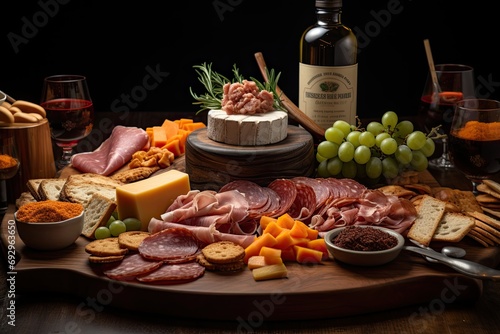 Elegant charcuterie board featuring an assortment of premium cheeses, cured meats, and artisanal crackers, a luxurious and shareable spread