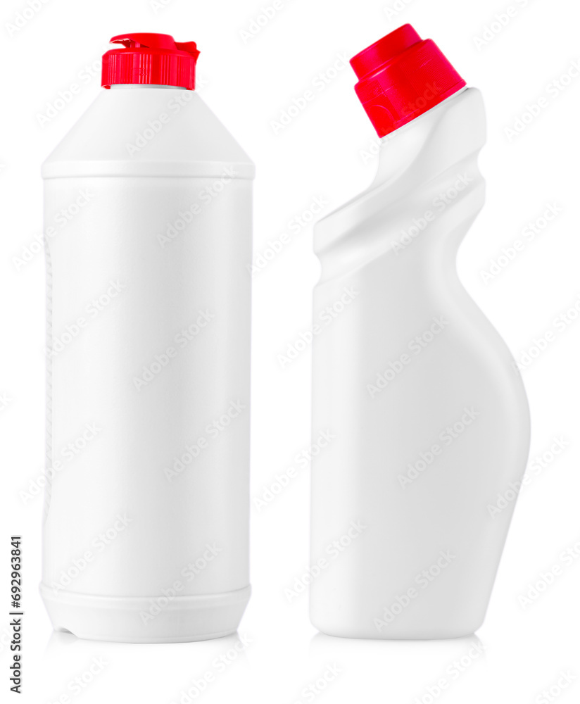 Set of White cleaning equipment bottles isolated on a white background.. Colored plastic bottles with Detergent isolated on white background . Set of White cleaning equipment bottles isolated on a white background.. Colored plastic bottles with Detergent isolated on white background .