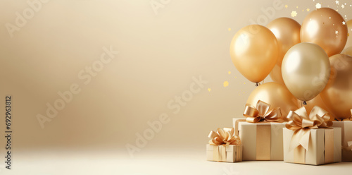 Giftboxes and balloons on a golden background