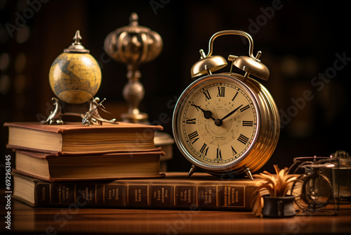 close up of alarm clock and books on a wooden table
