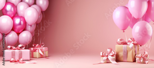 Wrapped gifts and balloons on pink background