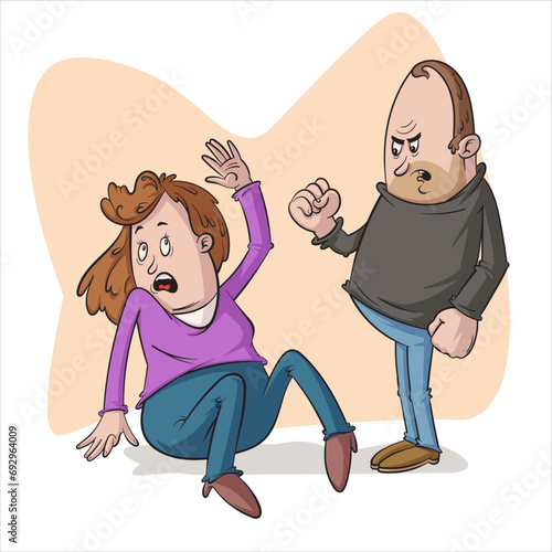 A man intimidates a weeping woman, threatening her with a raised fist