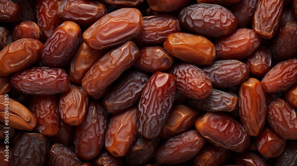 Obraz premium An attractive pile of dried date medjoul fruits piled on a tabletop is seen in full frame background top view.
