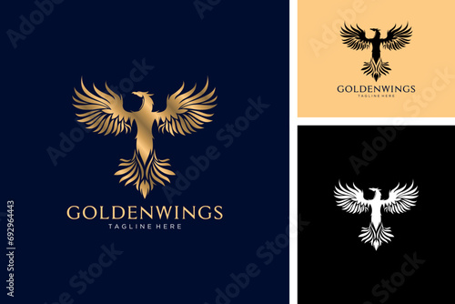 Golden wings majestic phoenix bird logo design