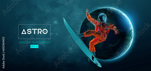 Abstract silhouette of a surfer, astronaut in space action and Earth, Mars, planets on the background of the space. Vector 3d render illustration