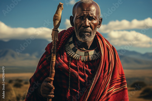 A Maasai warrior adorned in traditional attire, standing proudly against the backdrop of the vast Serengeti. Concept of cultural resilience. Generative Ai.