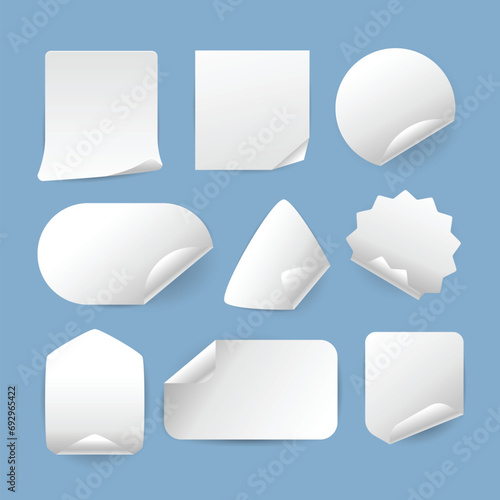Realistic set of white paper stickers mockup with folds set collection, adhesive sticker with different shapes, Round, oval, square, rectangular, hexagon shapes. Vector Illustration