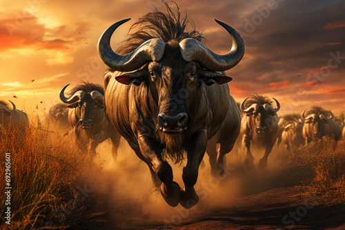 A herd of wildebeest during the Great Migration, illustrating the awe-inspiring natural phenomena that unfold in African ecosystems. Concept of migratory marvels. Generative Ai.