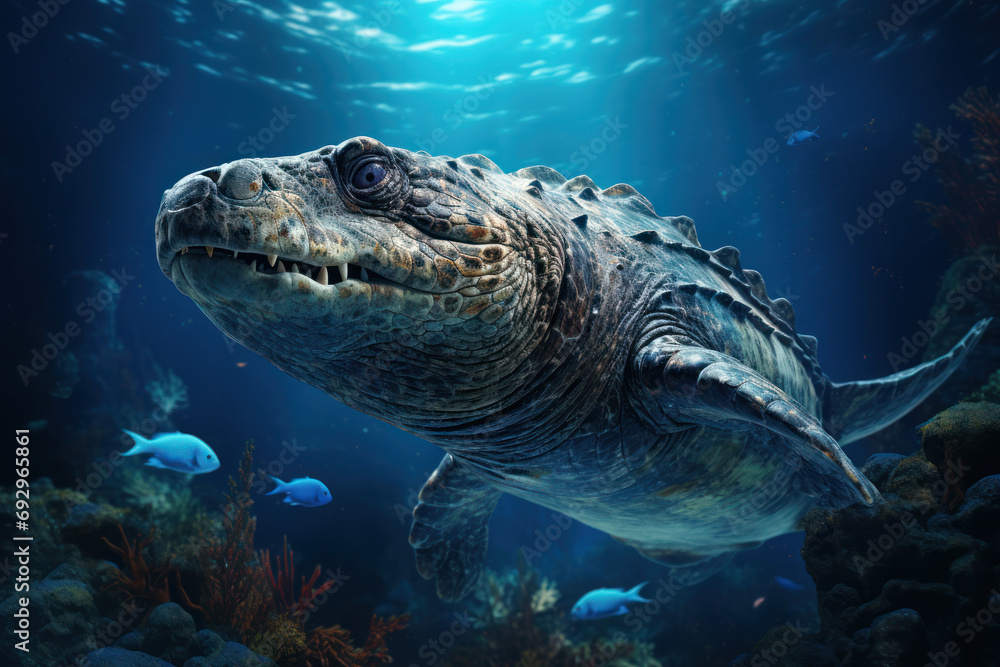 Fototapeta premium A detailed illustration of a prehistoric marine reptile, swimming in an ancient ocean, showcasing the diversity of Mesozoic sea life. Generative Ai.