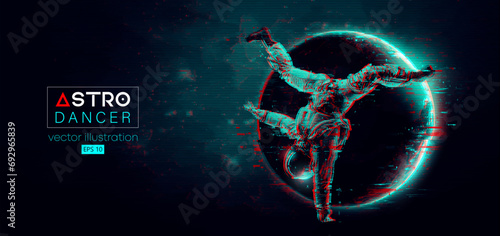 Abstract silhouette of a young hip-hop dancer, brake dancing man astronaut in space action and Earth, Mars, planets on the background of the space. Vector 3d render illustration