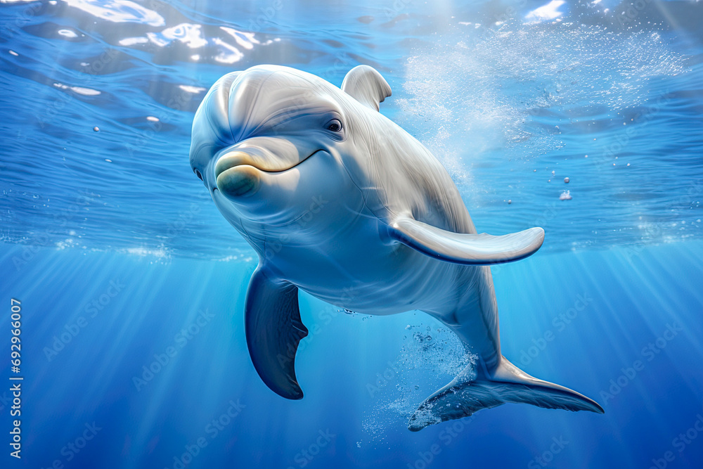 Fototapeta premium cute dolphin underwater eye contact looking at you illustration
