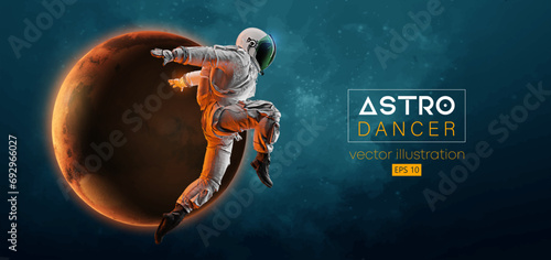 Abstract silhouette of a young hip-hop dancer, brake dancing man astronaut in space action and Earth, Mars, planets on the background of the space. Vector 3d render illustration
