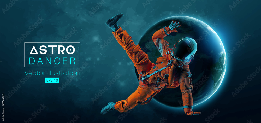 Fototapeta premium Abstract silhouette of a young hip-hop dancer, brake dancing man astronaut in space action and Earth, Mars, planets on the background of the space. Vector 3d render illustration