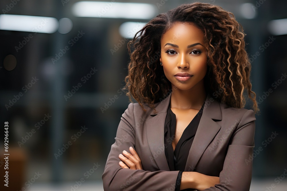 folded arms confidently standing workplace suit CEO woman business american african female Beautiful portrait black businesswoman corporate office attractive warm friendly crossed arm people person - obrazy, fototapety, plakaty 