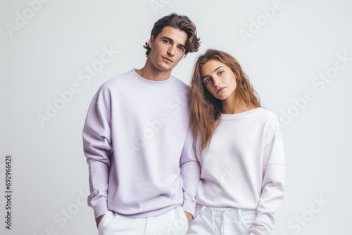 Happy young smiling couple of woman and man wearing lilac sweatshirt on white background. photo