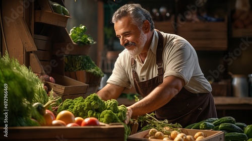An apron-wearing, middle-aged Latin greengrocer is organizing the vegetables in his store while holding a crate.