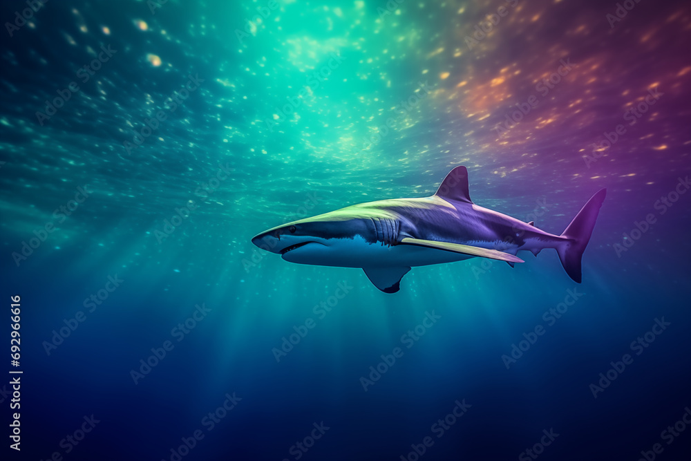 Fototapeta premium A shark swimming in a glowing Aurora Borealis in the Arctic Ocean