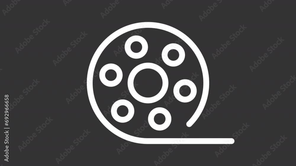 2D white creative thin line animation of film reel, HD video with transparent background, seamless loop 4K video representing UI icons. 2D white creative thin line animation of film reel, HD video with transparent background, seamless loop 4K video representing UI icons.