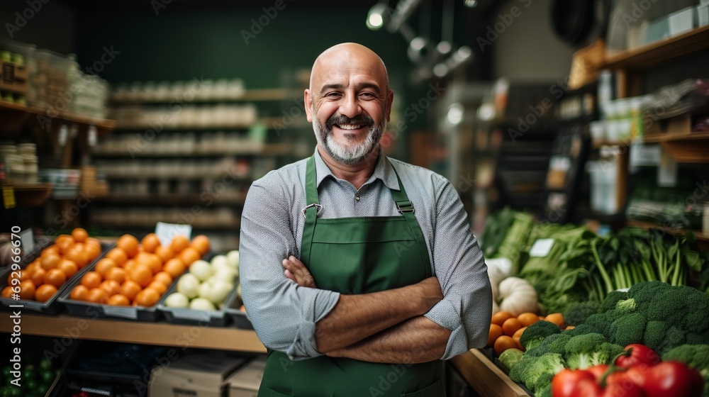 A middle-aged Latino man in an apron scans the camera in his workplace, a greengrocer's business. Copy space.