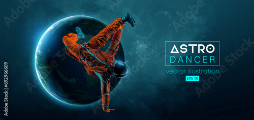 Abstract silhouette of a young hip-hop dancer, brake dancing man astronaut in space action and Earth, Mars, planets on the background of the space. Vector 3d render illustration