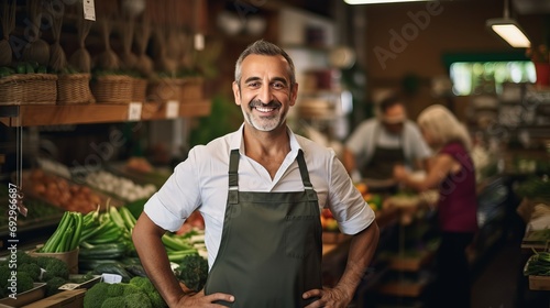 A middle-aged Latino man in an apron scans the camera in his workplace, a greengrocer's business. Copy space.