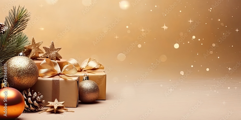 Dazzling christmas elegance. Unwrapping magic of golden gifts with ribbons and ornaments. Festive composition bathed in soft lights and magical bokeh creating perfect atmosphere for celebration