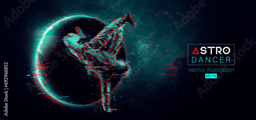 Abstract silhouette of a young hip-hop dancer, brake dancing man astronaut in space action and Earth, Mars, planets on the background of the space. Vector 3d render illustration