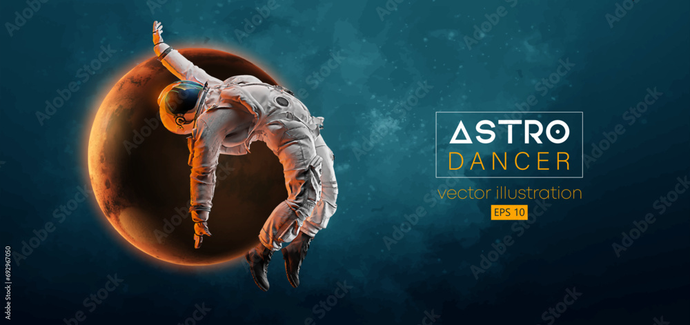 Abstract silhouette of a young hip-hop dancer, brake dancing man astronaut in space action and Earth, Mars, planets on the background of the space. Vector 3d render illustration - obrazy, fototapety, plakaty 