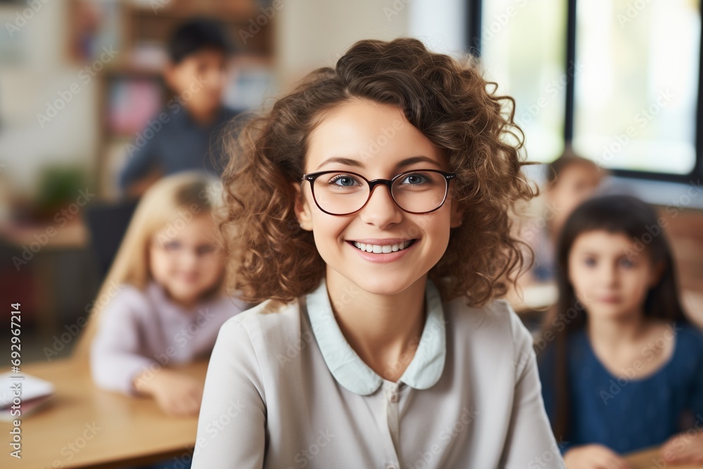 Happy teacher smiling in class at elementary school looking at camera with her students in the background. Happy teacher smiling in class at elementary school looking at camera with her students in the background.