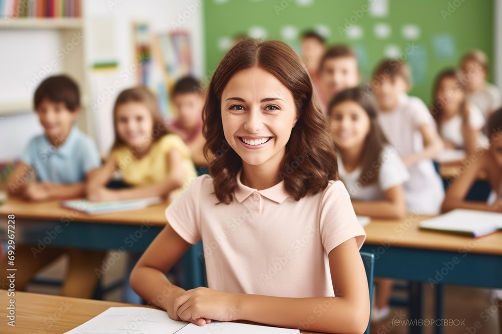 Happy teacher smiling in class at elementary school looking at camera with her students in the background. Happy teacher smiling in class at elementary school looking at camera with her students in the background.