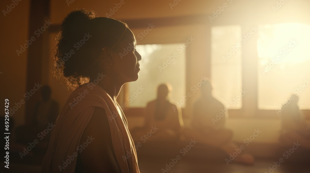 Transgender woman teaching a yoga class, a serene studio setting with soft morning light