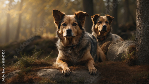 Two Dogs Relaxing on Rocks in a Sunlit Forest