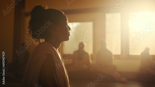 Transgender woman teaching a yoga class, a serene studio setting with soft morning light photo