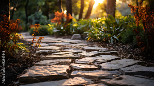 Path of stones in garden, Pathway in a park in autumn, Wide shot of a rustic path bordered by flowering shrubs, autumn in the forest, A solitary path in the forest with some flower
 photo