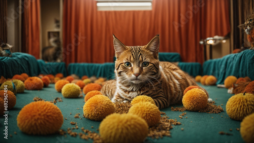 A Striped Cat’s Playtime with Orange Pom Poms