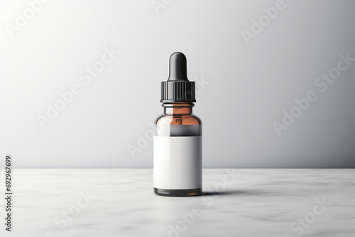 Cosmetic dark amber glass bottle with blank label on gray background. Dropper vial mock up photo