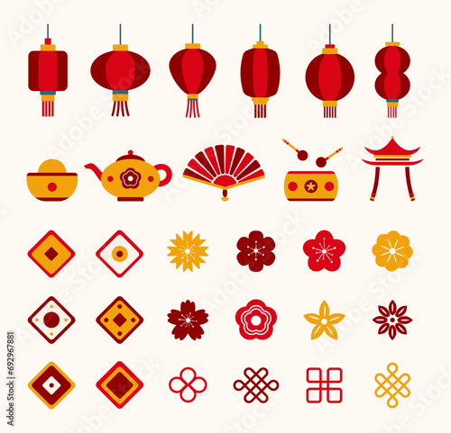 Chinese New Year and Lantern Festival graphic design set of festive objects and symbols, oriental decorative elements. Vector illustration.