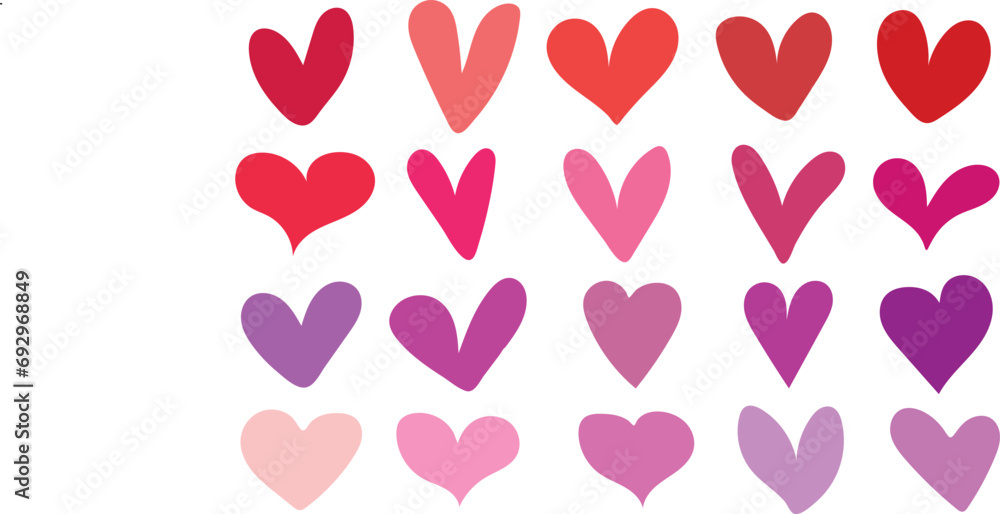 big vector set of hand drawn hearts in red and pink colors. st ...
