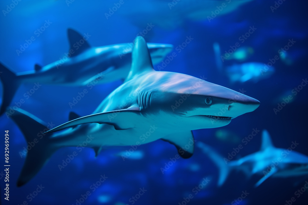 blue sharks dancing elegantly in a current