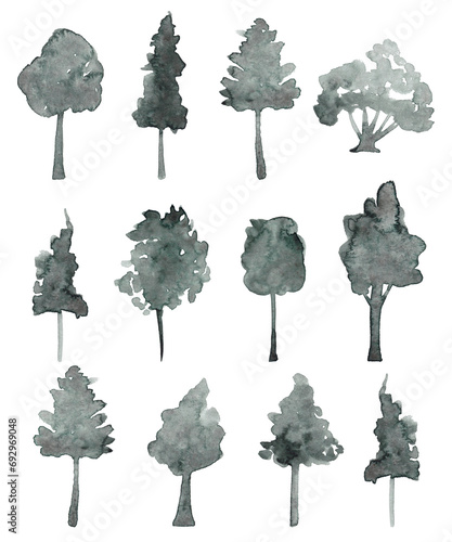 Tree silhouettes in watercolor. Set of green trees with different crowns