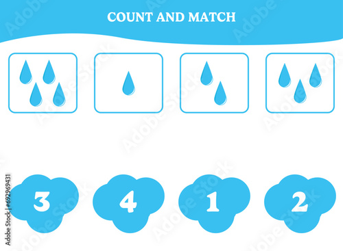 Count and match game with rain drop. Educational worksheet design for preschool, kindergarten students. Learning mathematics. Brain teaser fun activity for kids.