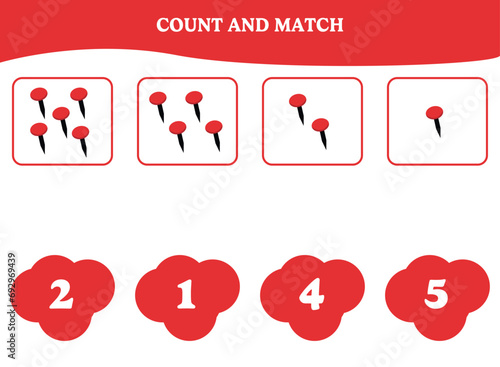 Count and match game with thumbtack. Educational worksheet design for preschool, kindergarten students. Learning mathematics. Brain teaser fun activity for kids.