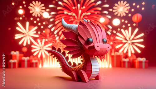 Vibrant and festive scene featuring a stylized red chinese dragon