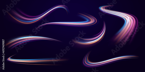 A set of light lines in the form of swirls and waves. Curved bright speed line swirls. light road in the form of a swirl, neon color. Glow luminous glitter shimmer trail. Vector.