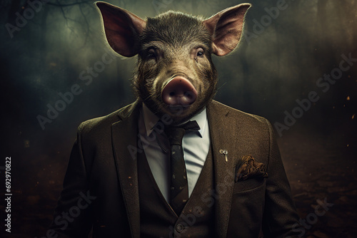 A man in a suit with a boar head. Boar posing in business suit Generative ai