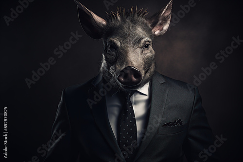 A man in a suit with a boar head. Boar posing in business suit Generative ai photo