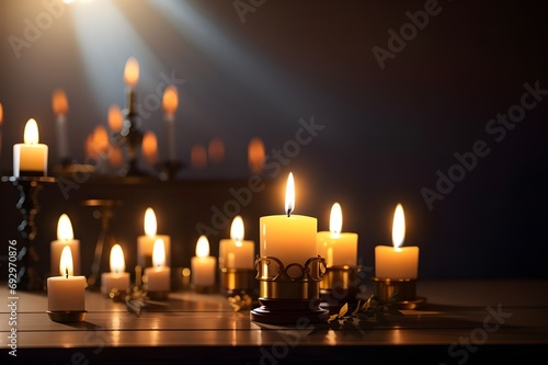 candles light glowing on table, faith, religion concept.
