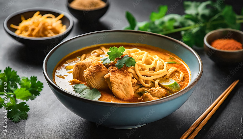 noodle curry soup or traditional Thai food called Khao Soi, Northern Style Curried Noodle Soup with Chicken
