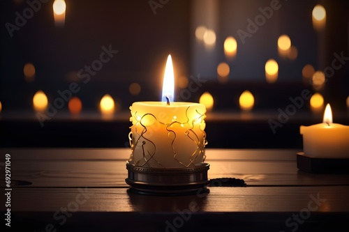 All Saints Day a Christian Holy Day. candle light glowing on table, religion concept.